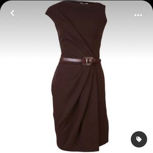 KAUFMANFRANCO wool sleeveless knee-length dress w/ ruched accents & leather belt